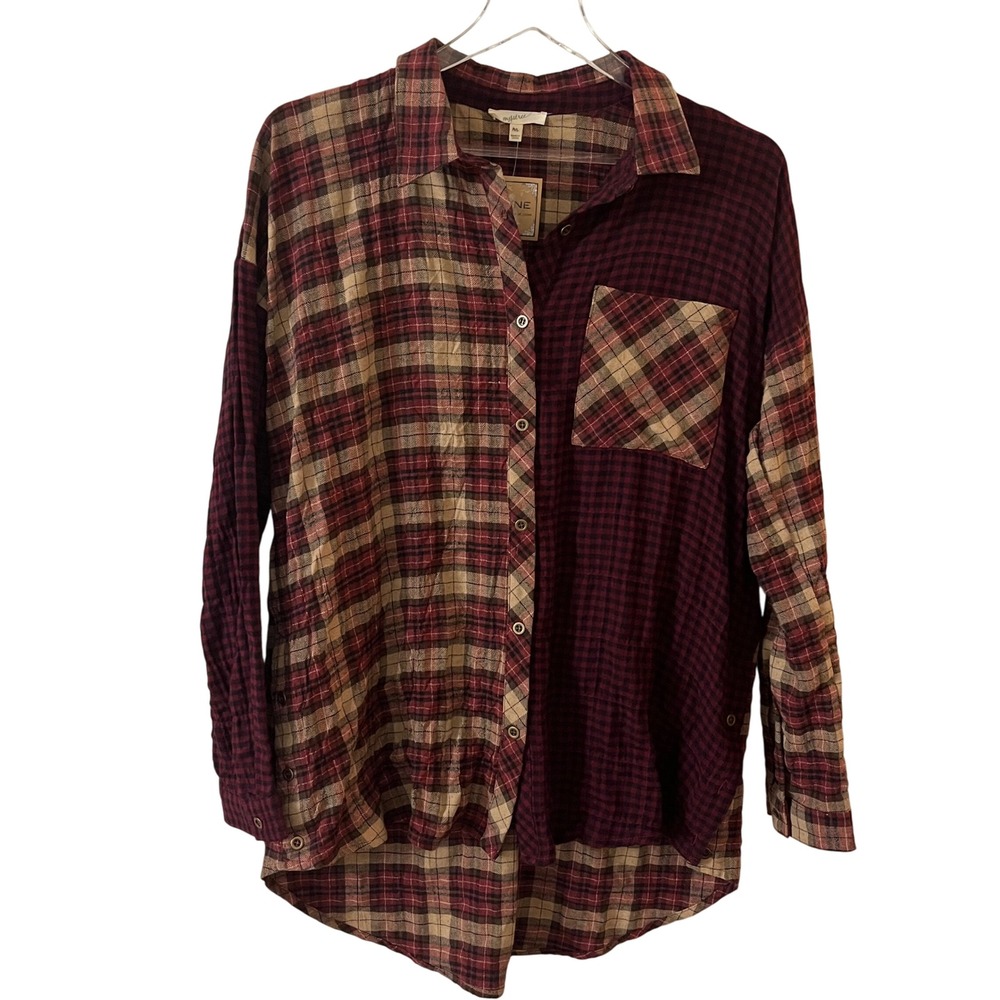 Mystree Jayne Plaid Contrast Long Sleeve Button Up Shirt Women Medium NWT